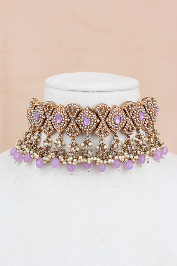 Light Purple Mehndi Polish Double Choker Set With Large Earrings Saharey Attached And Matta Patti (CS014-LPU-MP-Polki)