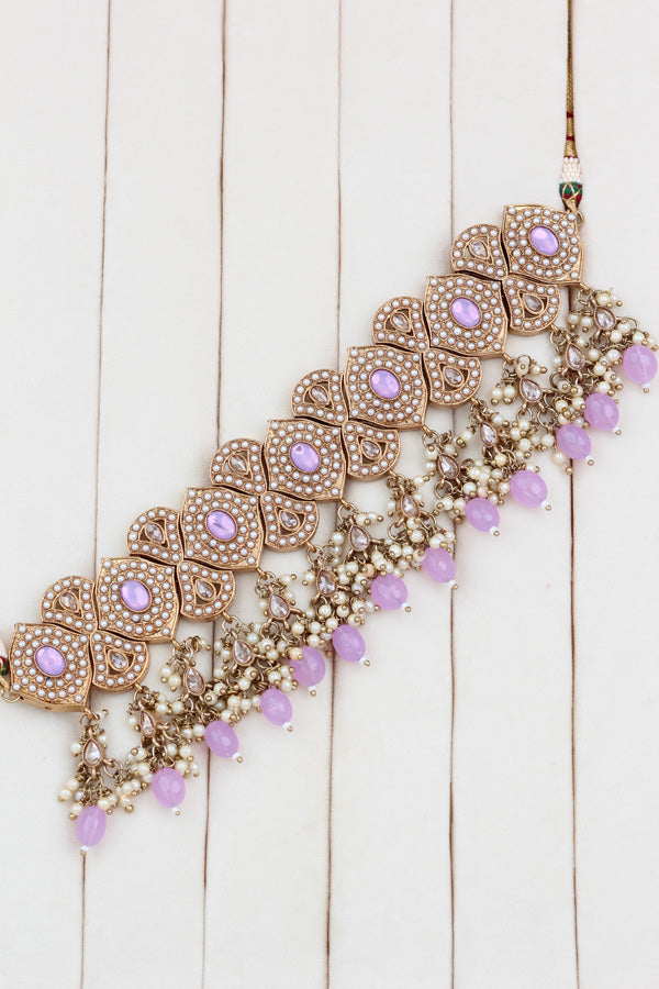 Light Purple Mehndi Polish Double Choker Set With Large Earrings Saharey Attached And Matta Patti (CS014-LPU-MP-Polki)