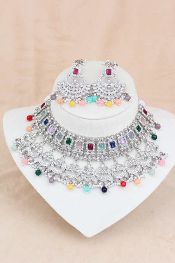 Multi Silver Polish Double Choker Set With Large Earrings Saharey Attached And Matta Patti (CS014-MU-SP-Polki)
