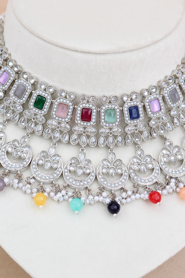 Multi Silver Polish Double Choker Set With Large Earrings Saharey Attached And Matta Patti (CS014-MU-SP-Polki)