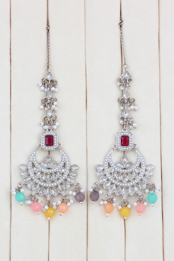 Multi Silver Polish Double Choker Set With Large Earrings Saharey Attached And Matta Patti (CS014-MU-SP-Polki)