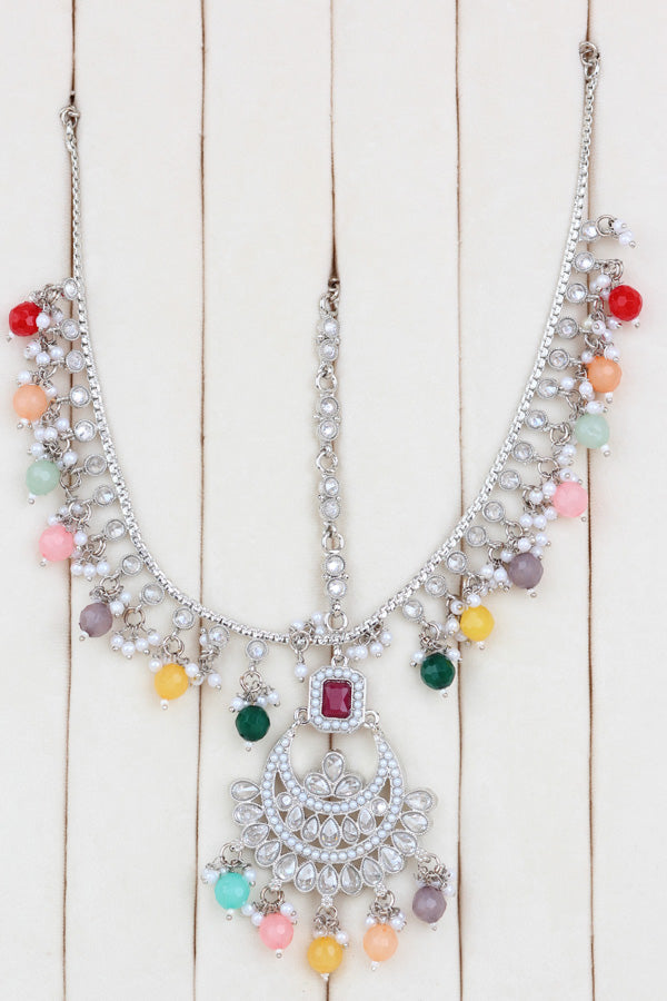 Multi Silver Polish Double Choker Set With Large Earrings Saharey Attached And Matta Patti (CS014-MU-SP-Polki)