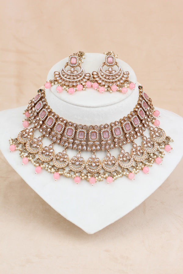 Pink Mehndi Polish Double Choker Set With Large Earrings Saharey Attached And Matta Patti (CS014-P-MP-Polki)