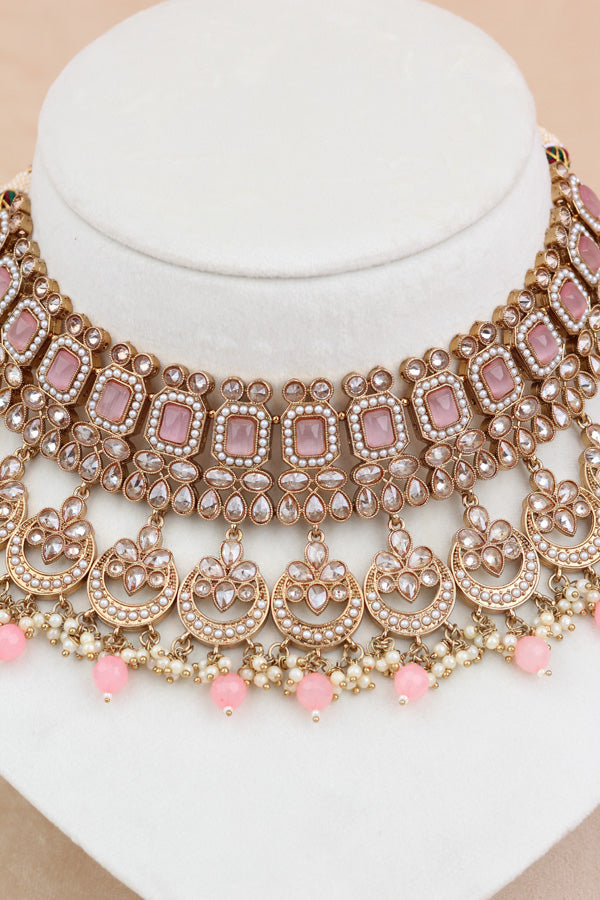 Pink Mehndi Polish Double Choker Set With Large Earrings Saharey Attached And Matta Patti (CS014-P-MP-Polki)