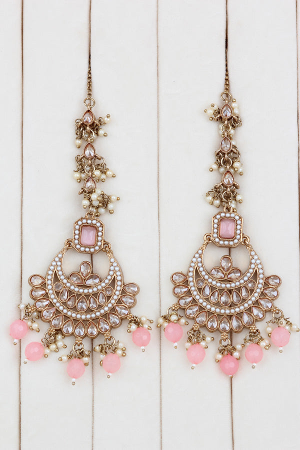 Pink Mehndi Polish Double Choker Set With Large Earrings Saharey Attached And Matta Patti (CS014-P-MP-Polki)
