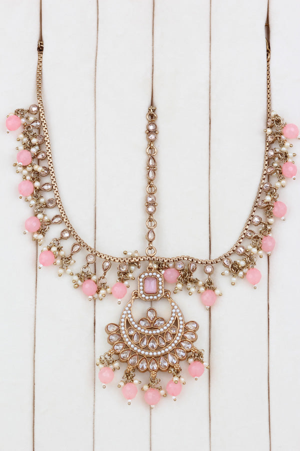 Pink Mehndi Polish Double Choker Set With Large Earrings Saharey Attached And Matta Patti (CS014-P-MP-Polki)