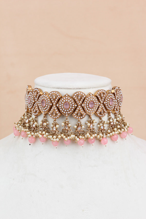 Pink Mehndi Polish Double Choker Set With Large Earrings Saharey Attached And Matta Patti (CS014-P-MP-Polki)