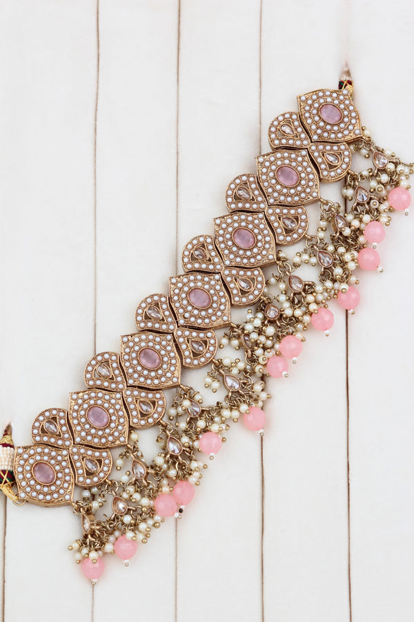 Pink Mehndi Polish Double Choker Set With Large Earrings Saharey Attached And Matta Patti (CS014-P-MP-Polki)