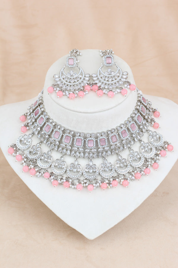 Pink Silver Polish Double Choker Set With Large Earrings Saharey Attached And Matta Patti (CS0114-P-SP-Polki)