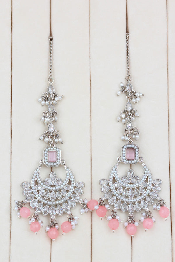 Pink Silver Polish Double Choker Set With Large Earrings Saharey Attached And Matta Patti (CS0114-P-SP-Polki)