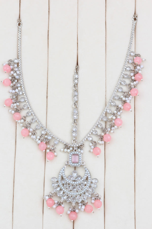 Pink Silver Polish Double Choker Set With Large Earrings Saharey Attached And Matta Patti (CS0114-P-SP-Polki)