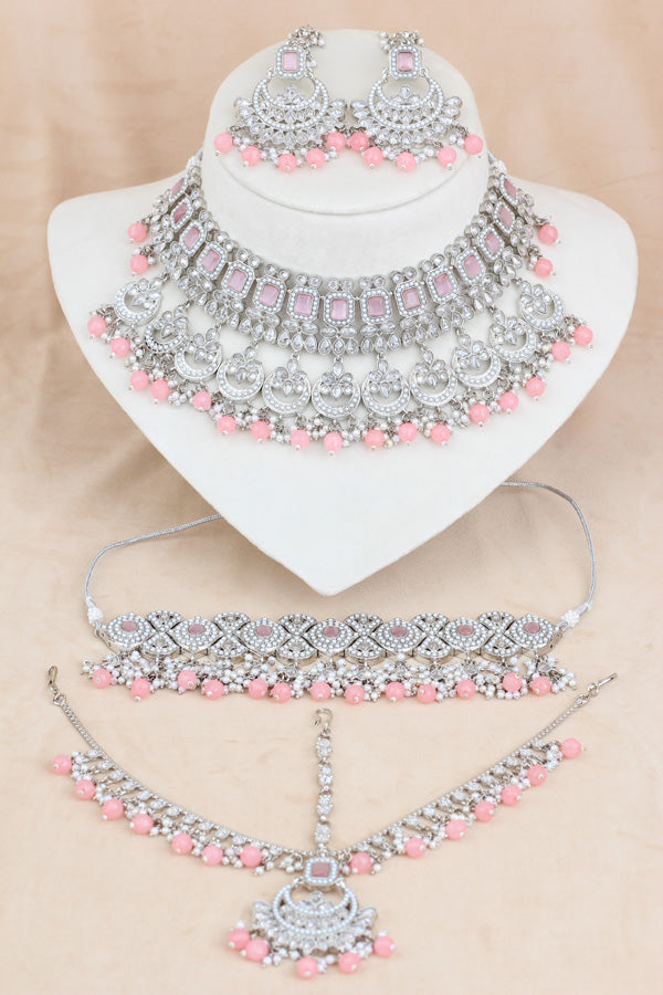 Pink Silver Polish Double Choker Set With Large Earrings Saharey Attached And Matta Patti (CS0114-P-SP-Polki)