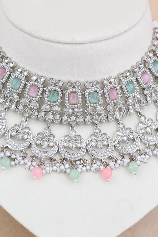 Pink | Light Green Silver Polish Double Choker Set With Large Earrings Saharey Attached And Matta Patti (CS014-PG-SP-Polki)