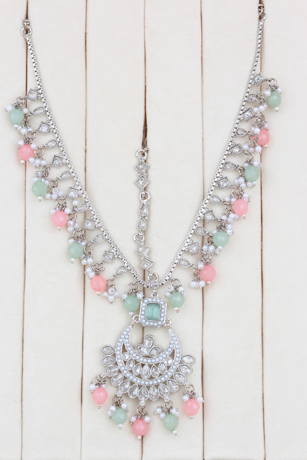 Pink | Light Green Silver Polish Double Choker Set With Large Earrings Saharey Attached And Matta Patti (CS014-PG-SP-Polki)