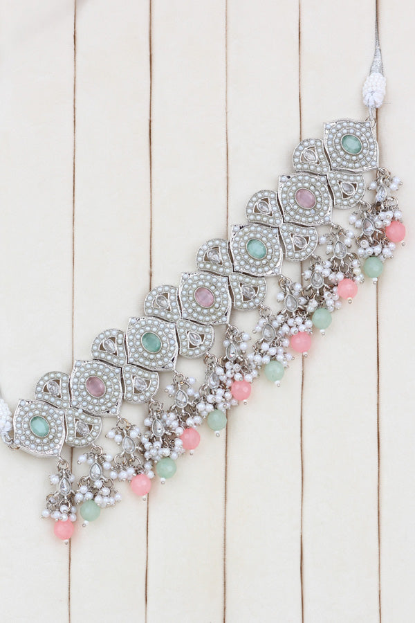 Pink | Light Green Silver Polish Double Choker Set With Large Earrings Saharey Attached And Matta Patti (CS014-PG-SP-Polki)