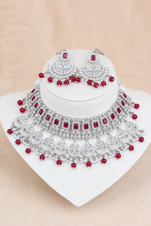 Red Silver Polish Double Choker Set With Large Earrings Saharey Attached And Matta Patti (CS014-R-SP-Polki)