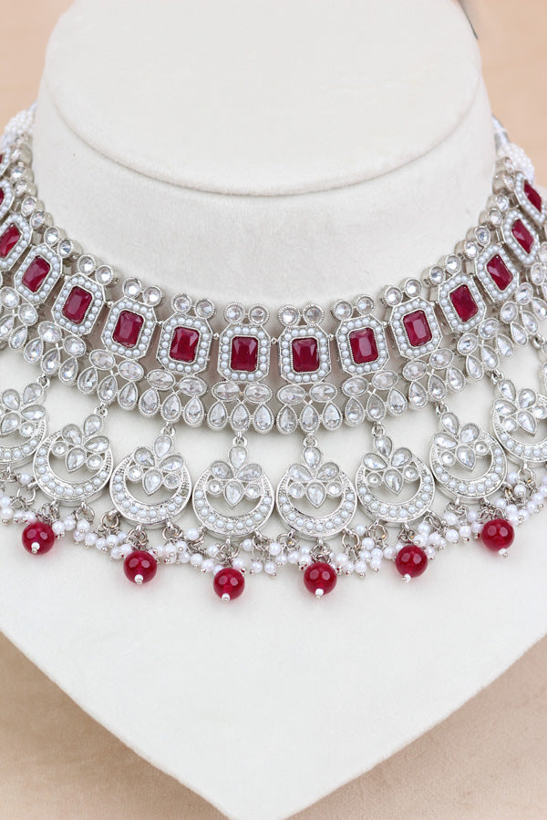 Red Silver Polish Double Choker Set With Large Earrings Saharey Attached And Matta Patti (CS014-R-SP-Polki)