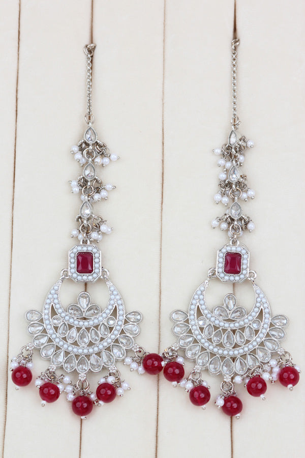 Red Silver Polish Double Choker Set With Large Earrings Saharey Attached And Matta Patti (CS014-R-SP-Polki)