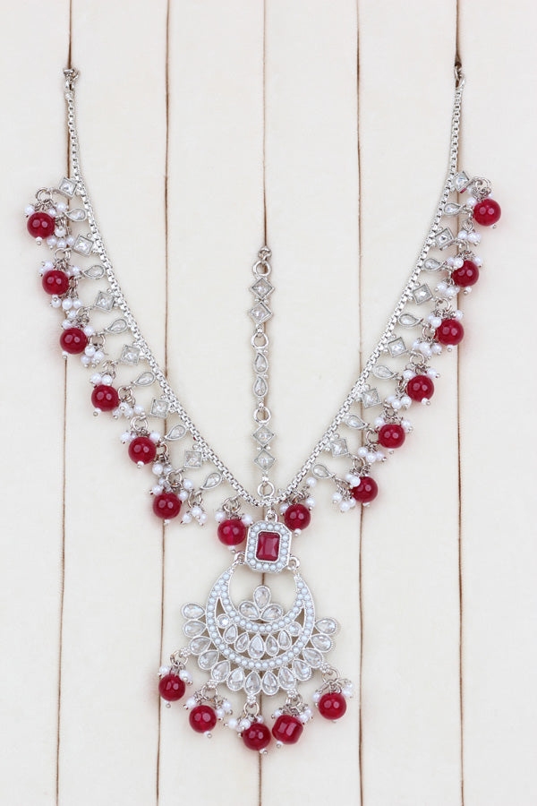 Red Silver Polish Double Choker Set With Large Earrings Saharey Attached And Matta Patti (CS014-R-SP-Polki)