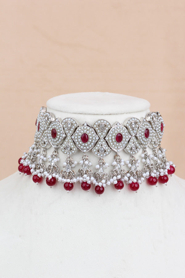 Red Silver Polish Double Choker Set With Large Earrings Saharey Attached And Matta Patti (CS014-R-SP-Polki)