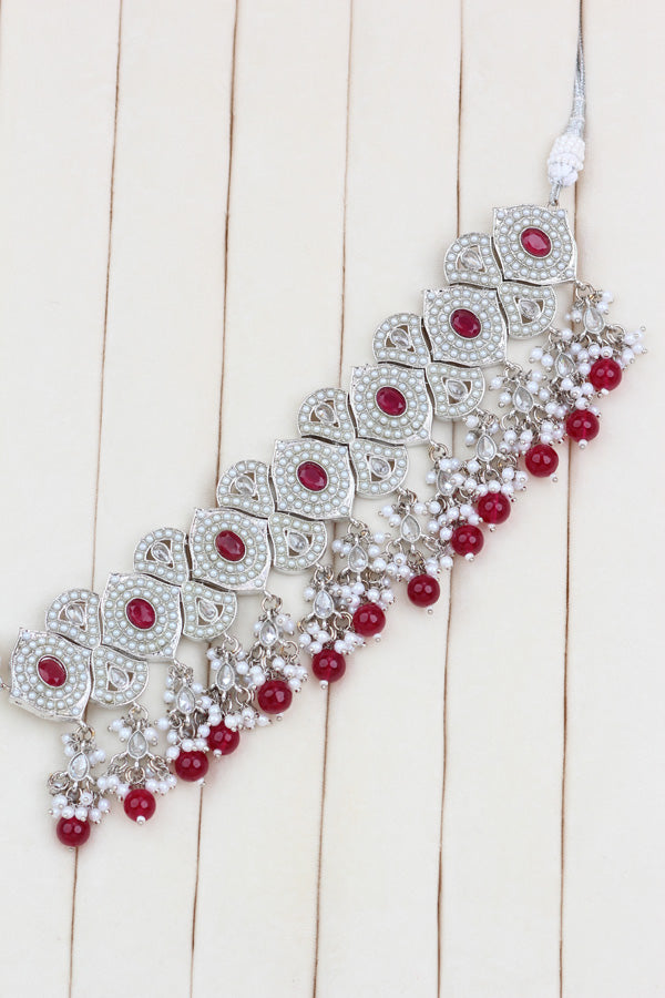 Red Silver Polish Double Choker Set With Large Earrings Saharey Attached And Matta Patti (CS014-R-SP-Polki)