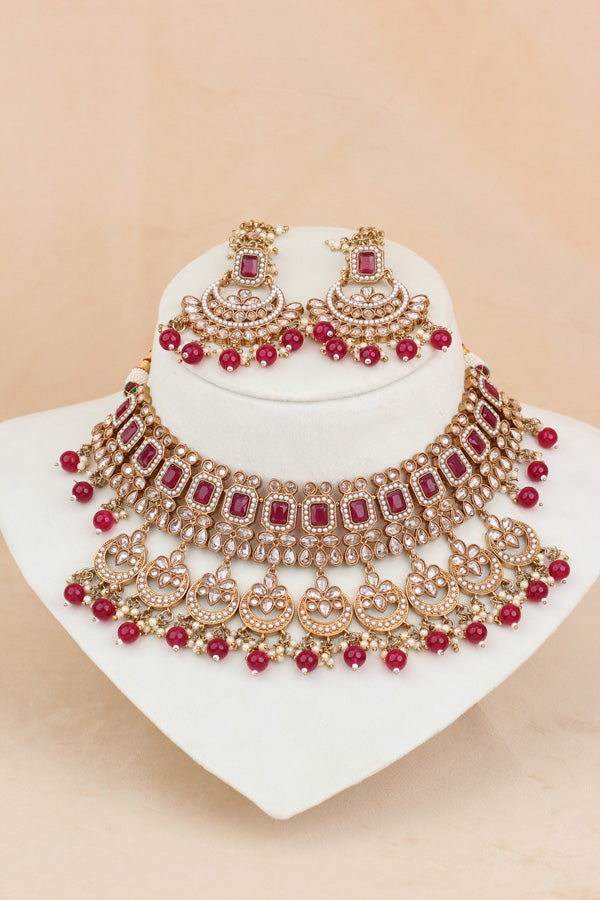 Ruby Red Mehndi Polish Double Choker Set With Large Earrings Saharey Attached And Matta Patti (CS014-RU-MP-Polki)