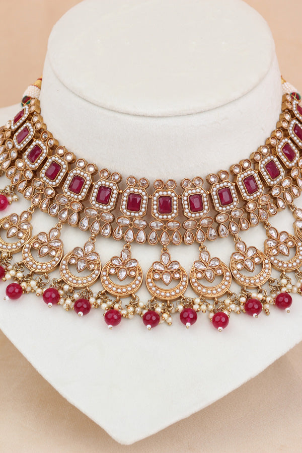 Ruby Red Mehndi Polish Double Choker Set With Large Earrings Saharey Attached And Matta Patti (CS014-RU-MP-Polki)