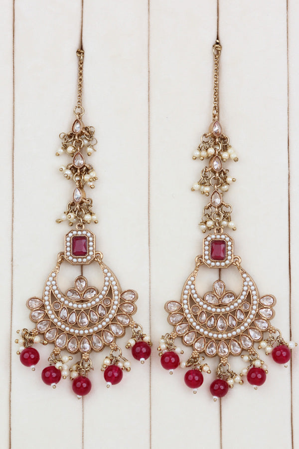Ruby Red Mehndi Polish Double Choker Set With Large Earrings Saharey Attached And Matta Patti (CS014-RU-MP-Polki)