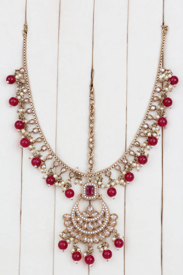 Ruby Red Mehndi Polish Double Choker Set With Large Earrings Saharey Attached And Matta Patti (CS014-RU-MP-Polki)