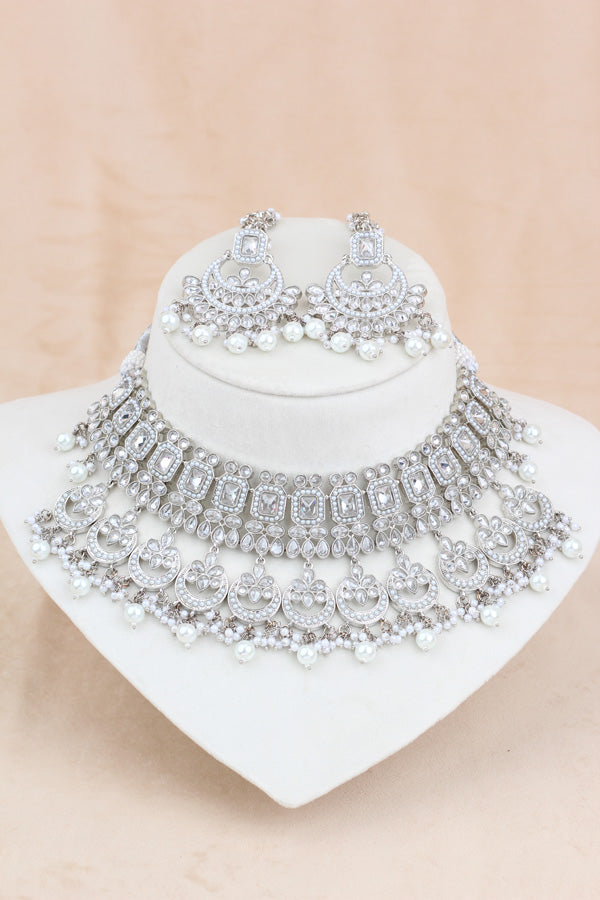 White Silver Polish Double Choker Set With Large Earrings Saharey Attached And Matta Patti (CS014-W-SP-Polki)