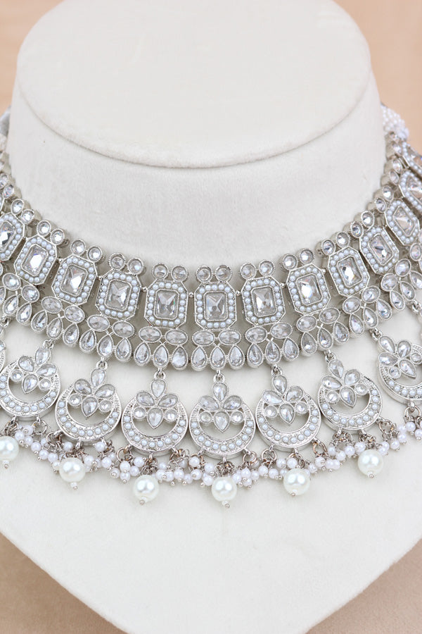White Silver Polish Double Choker Set With Large Earrings Saharey Attached And Matta Patti (CS014-W-SP-Polki)