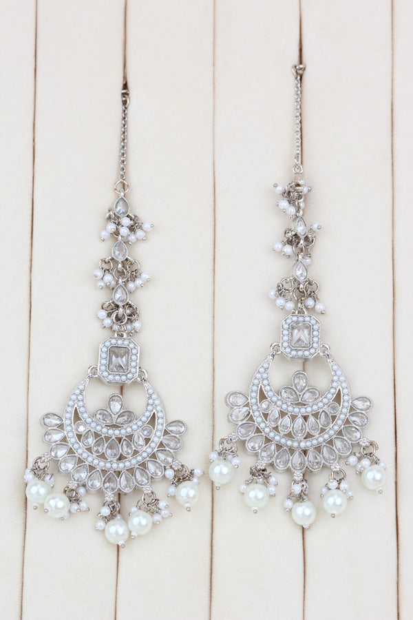 White Silver Polish Double Choker Set With Large Earrings Saharey Attached And Matta Patti (CS014-W-SP-Polki)