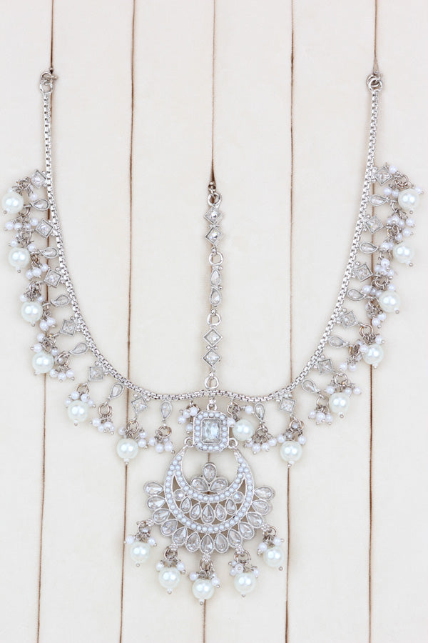 White Silver Polish Double Choker Set With Large Earrings Saharey Attached And Matta Patti (CS014-W-SP-Polki)