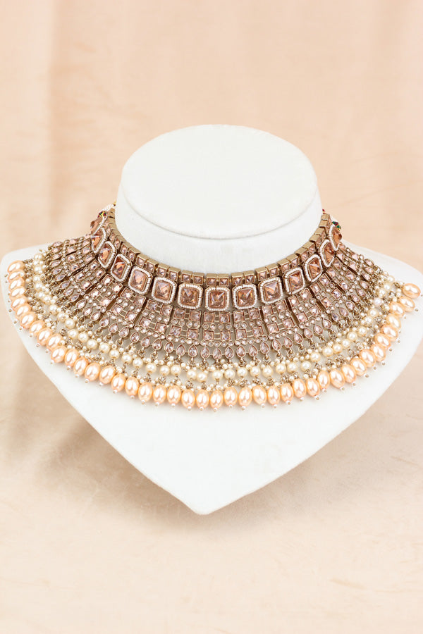 Golden Large Statement Polki Choker With Large Earrings And Tikka (CS015-GO-MP-Polki)
