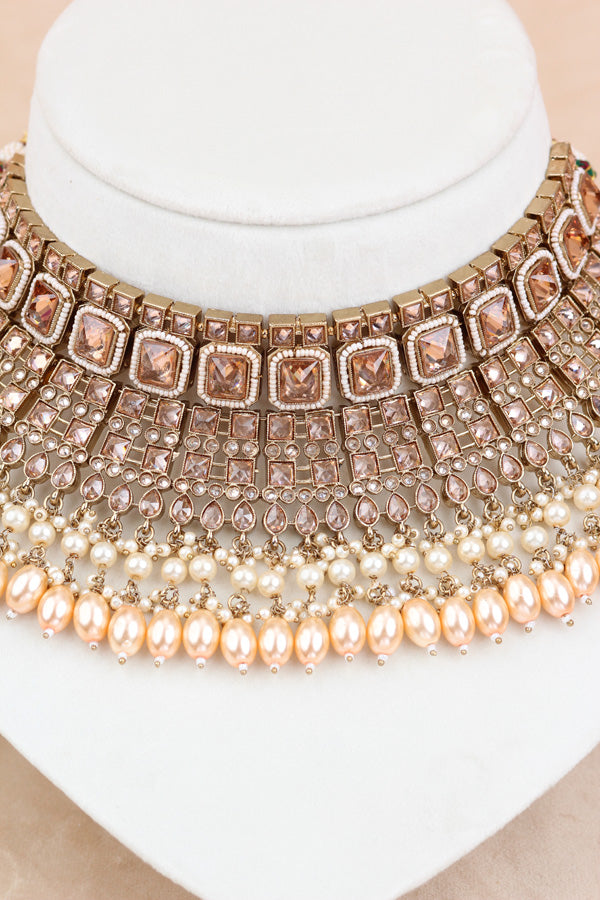 Golden Large Statement Polki Choker With Large Earrings And Tikka (CS015-GO-MP-Polki)