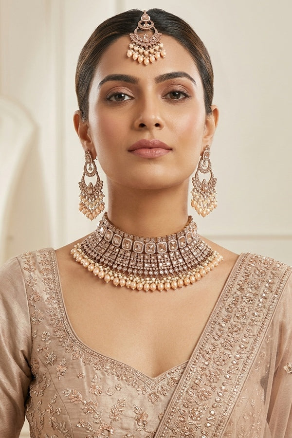 Golden Large Statement Polki Choker With Large Earrings And Tikka