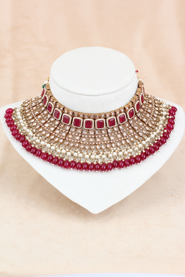 Magenta Large Statement Polki Choker With Large Earrings And Tikka (CS015-MS-MP-Polki)
