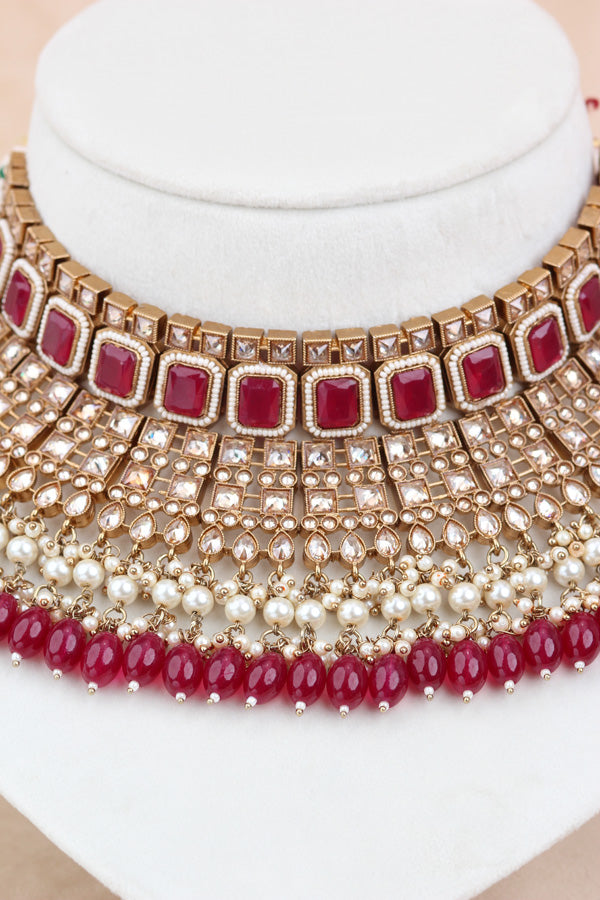Magenta Large Statement Polki Choker With Large Earrings And Tikka (CS015-MS-MP-Polki)