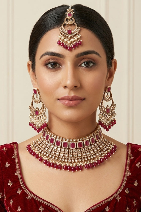 Magenta Large Statement Polki Choker With Large Earrings And Tikka