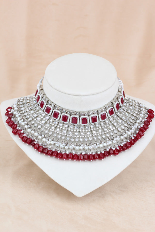 Magenta Large Statement Polki Choker With Large Earrings And Tikka (CS015-MA-SP-Polki)