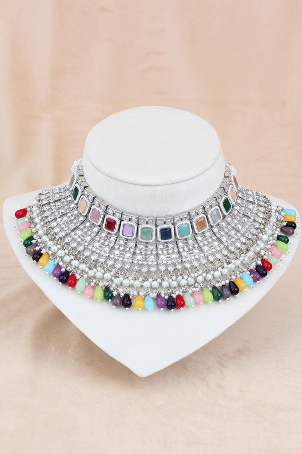 Multi Large Statement Polki Choker With Large Earrings And Tikka (CS015-MU-SP-Polki)