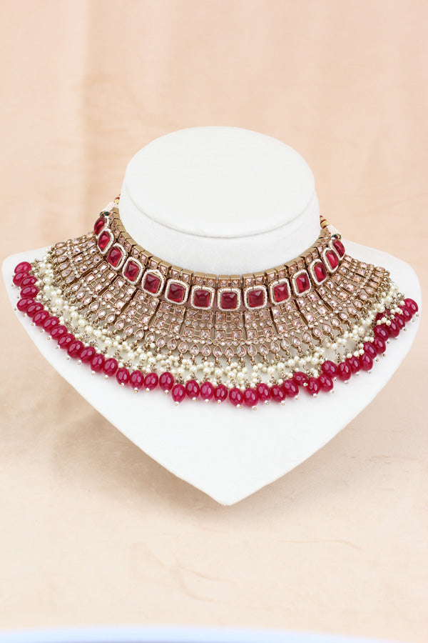 Onion Red Large Statement Polki Choker With Large Earrings And Tikka (CS015-OR-MP-Polki)