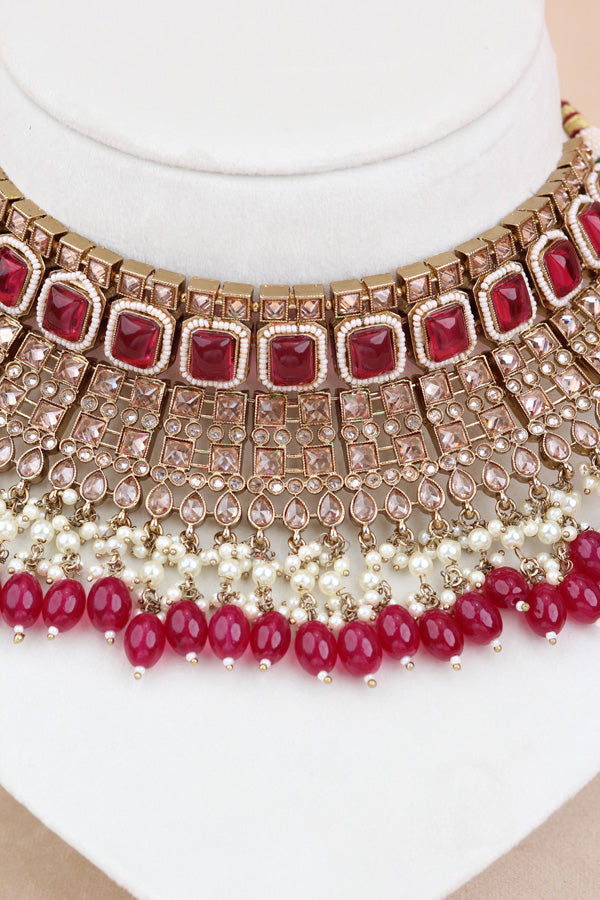 Onion Red Large Statement Polki Choker With Large Earrings And Tikka (CS015-OR-MP-Polki)