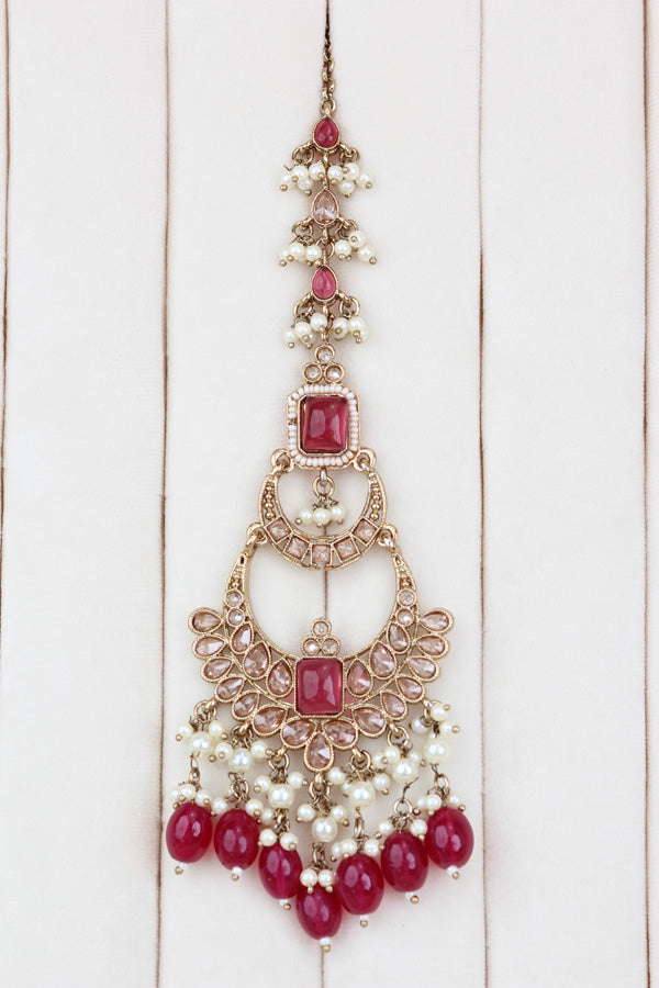 Onion Red Large Statement Polki Choker With Large Earrings And Tikka (CS015-OR-MP-Polki)