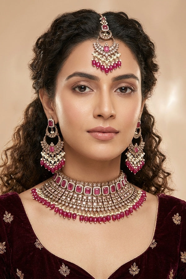 Onion Red Large Statement Polki Choker With Large Earrings And Tikka