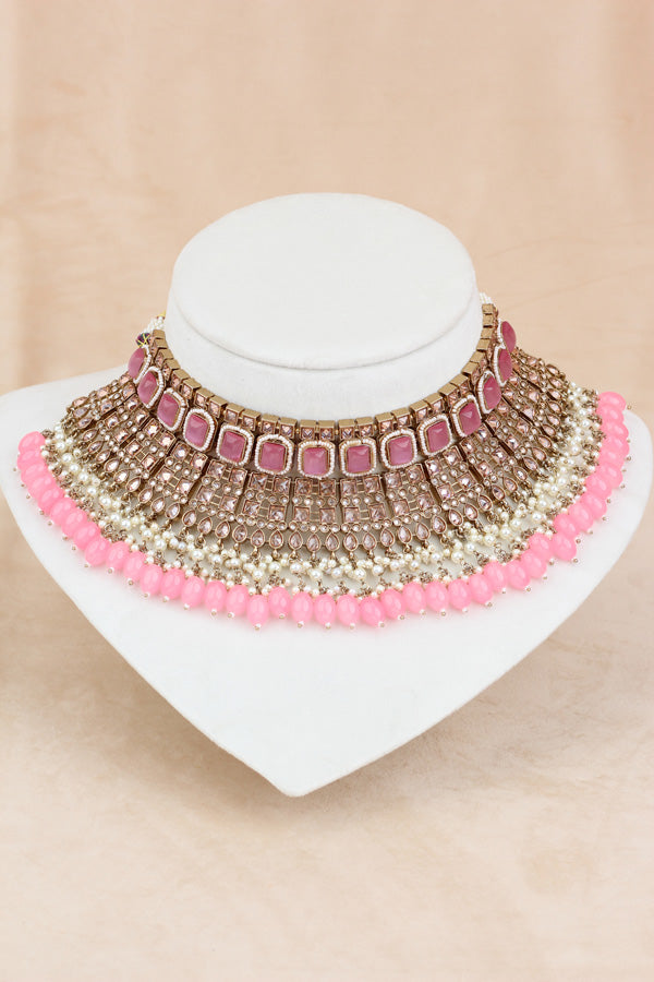 Pink Large Statement Polki Choker With Large Earrings And Tikka (CS015-P-MP-Polki)
