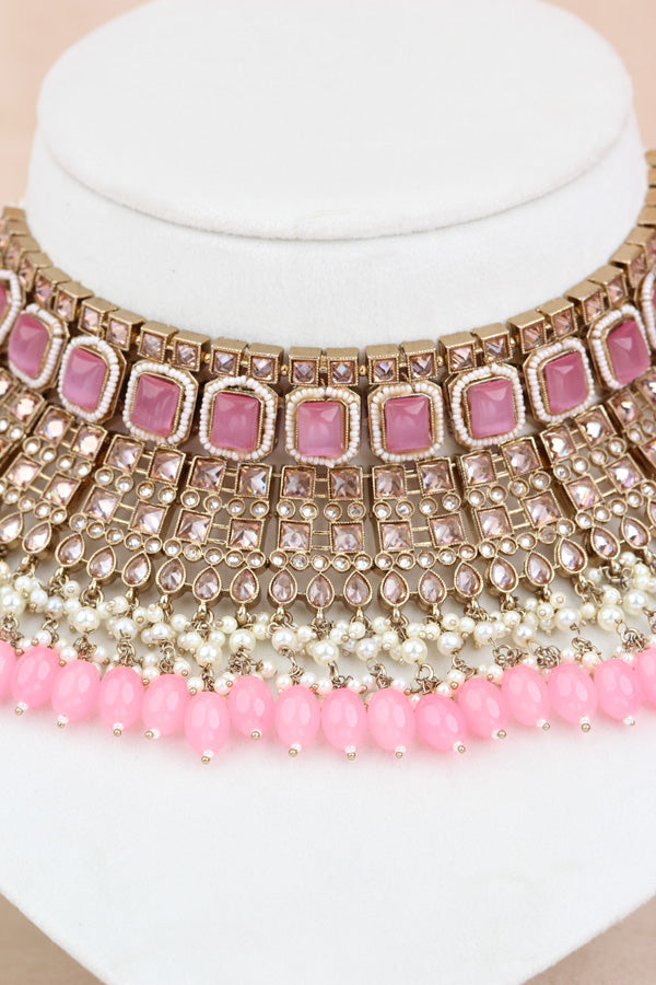 Pink Large Statement Polki Choker With Large Earrings And Tikka (CS015-P-MP-Polki)