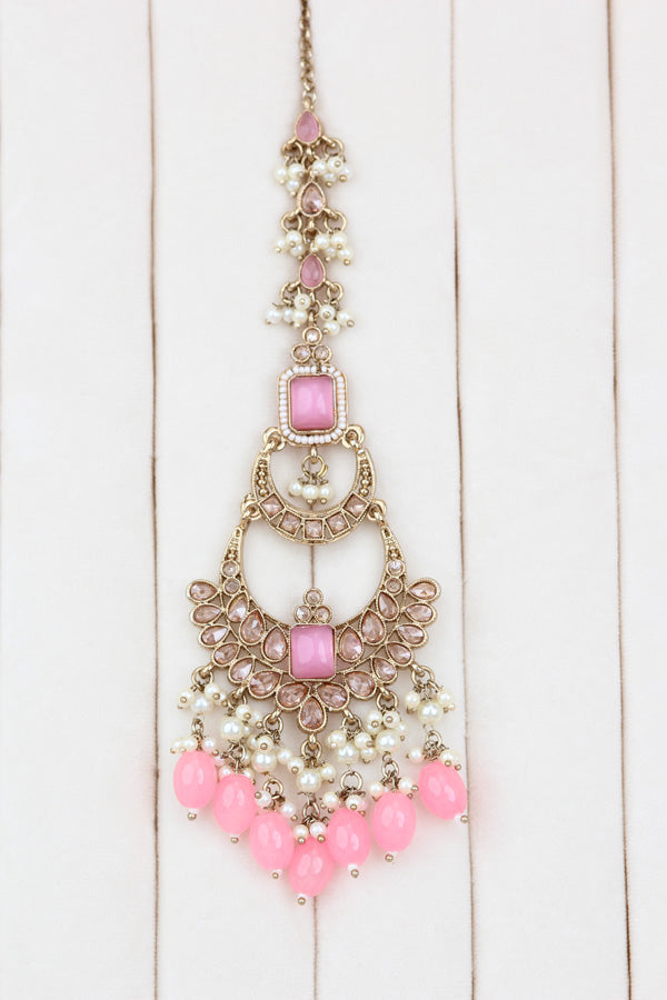 Pink Large Statement Polki Choker With Large Earrings And Tikka (CS015-P-MP-Polki)
