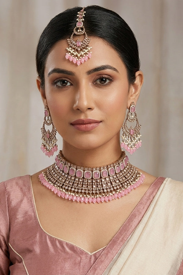 Pink Large Statement Polki Choker With Large Earrings And Tikka
