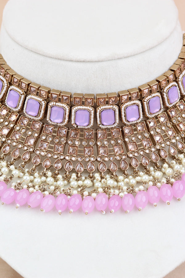 Pink | Purple Large Statement Polki Choker With Large Earrings And Tikka (CS015-PP-MP-Polki)